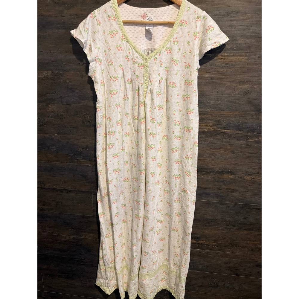 Aria Nightgown Womens Medium White Green Floral Cotton Pointelle Maxi A82100F